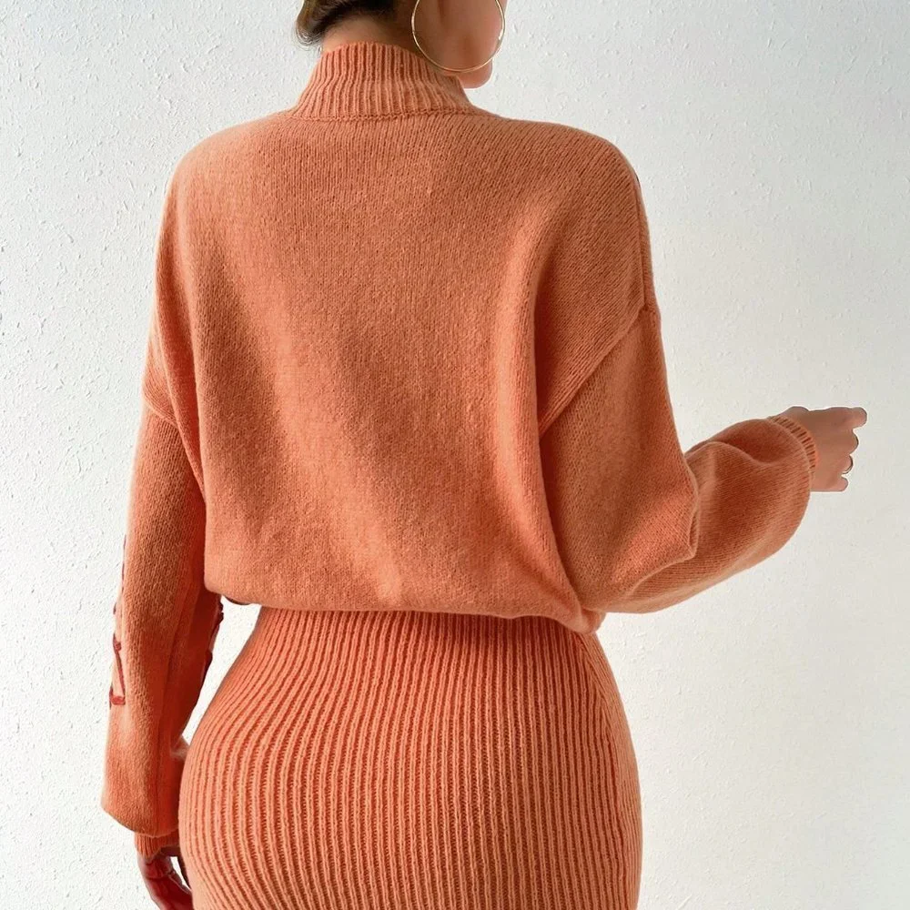 Orange Casual Womens Floral Pattern Mock Neck Drop Shoulder Sweater Dress - Picture 3 of 5